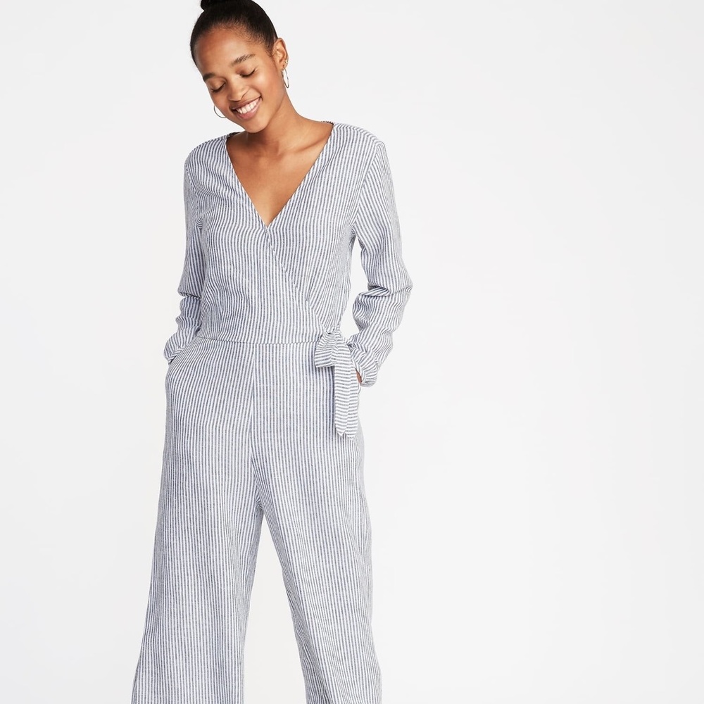 Old Navy XL Pinstripe Jumpsuit Gray/Navy/White